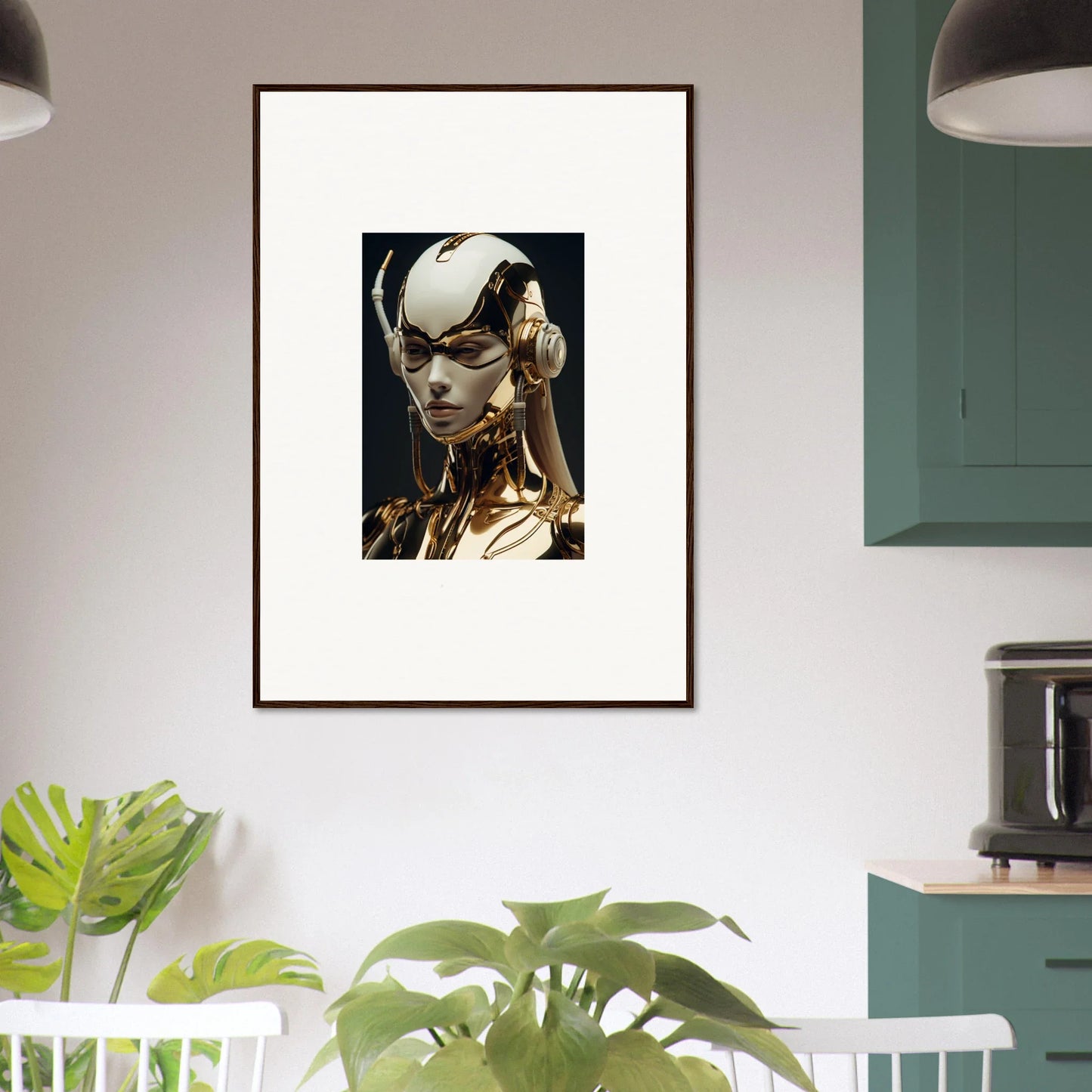 Framed wall art of a futuristic robotic head for modern room decor by Aurora Botanical Sonata