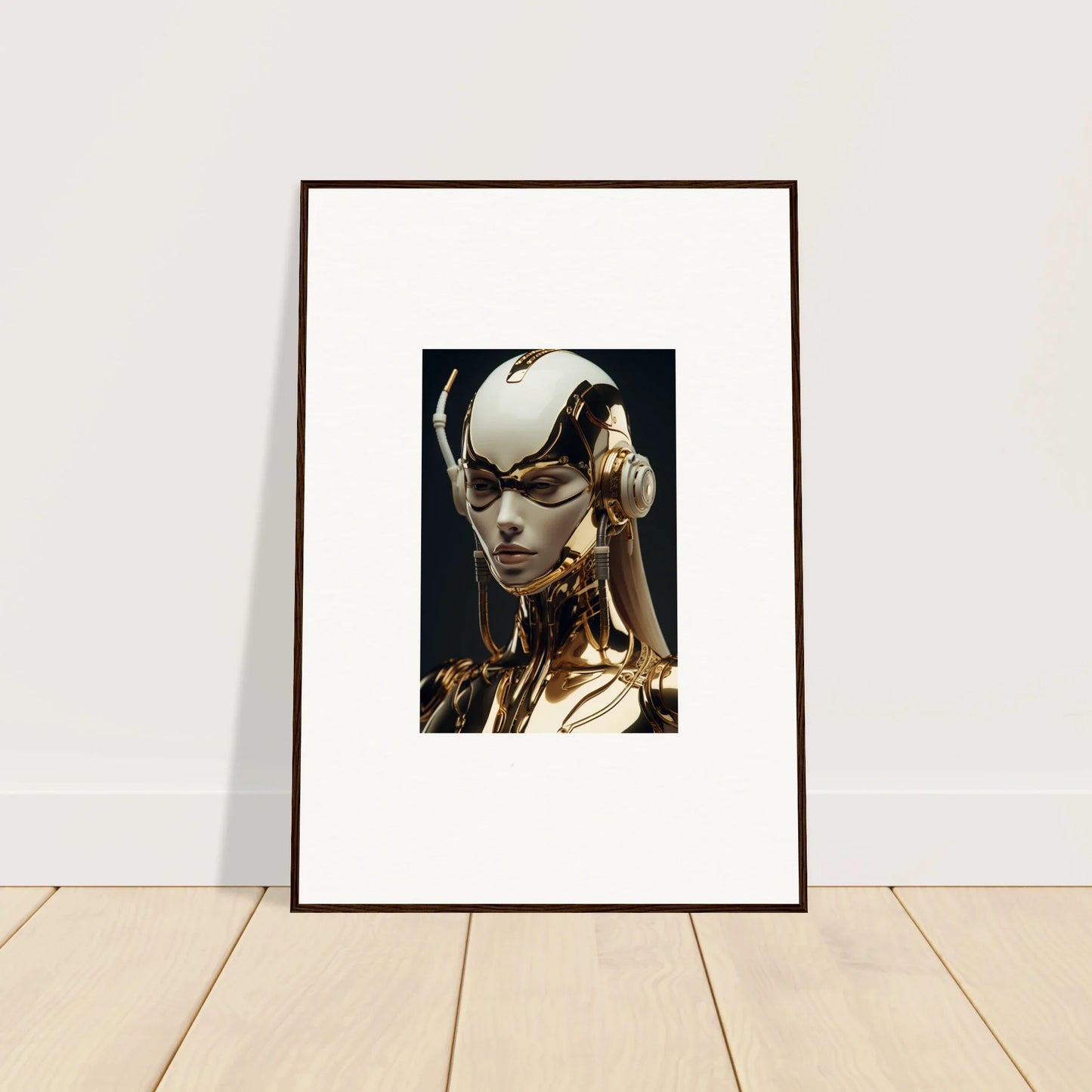 Framed wall art of a futuristic robotic head with gold features for botanical sonata room decor