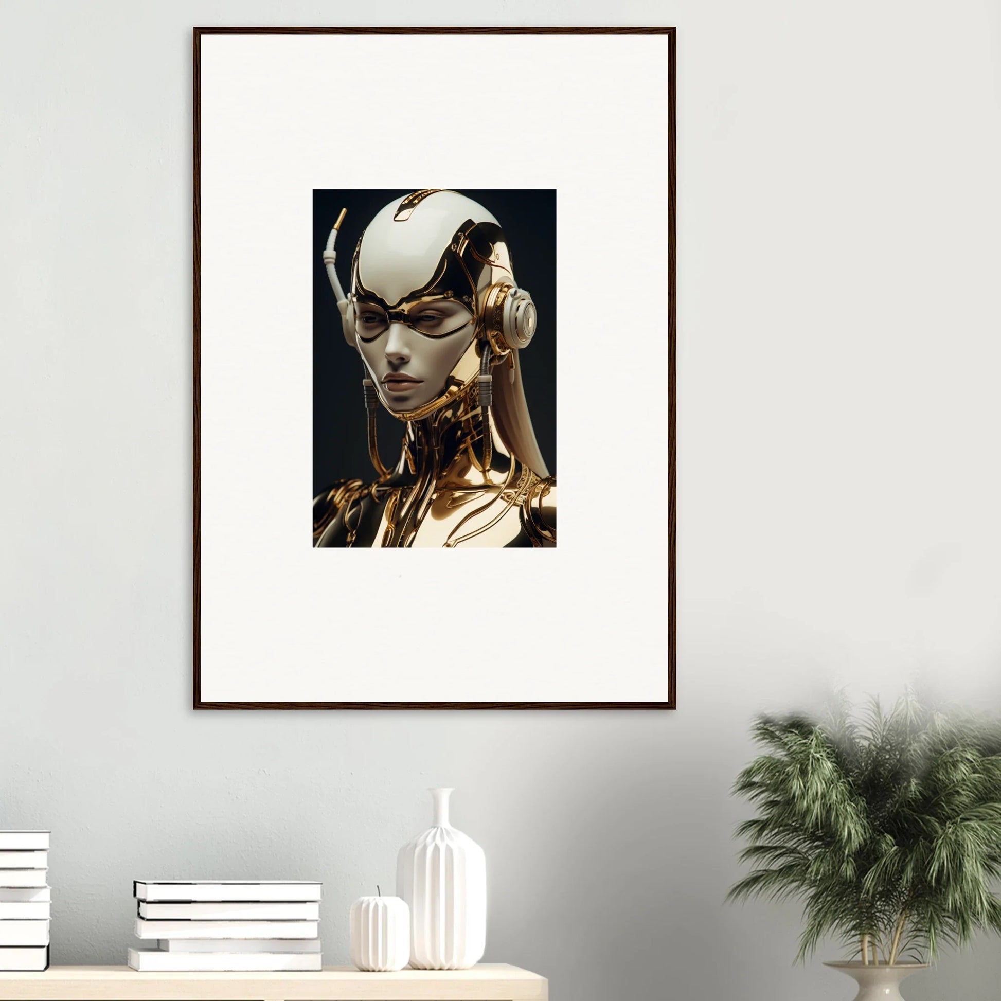 Framed wall art of a gold futuristic cyborg head for stylish room decor