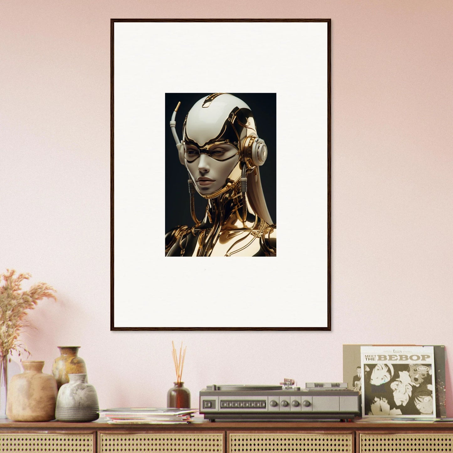 Framed wall art showcasing a futuristic robotic face for stylish room decor