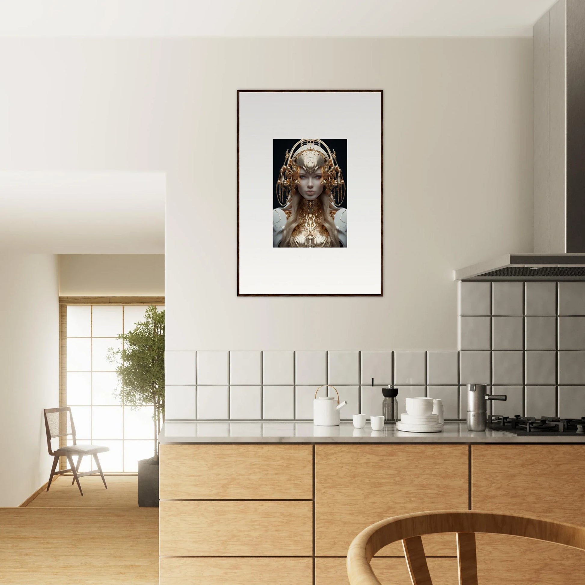 Framed wall art of a robotic humanoid figure for modern room decor and mind reverie