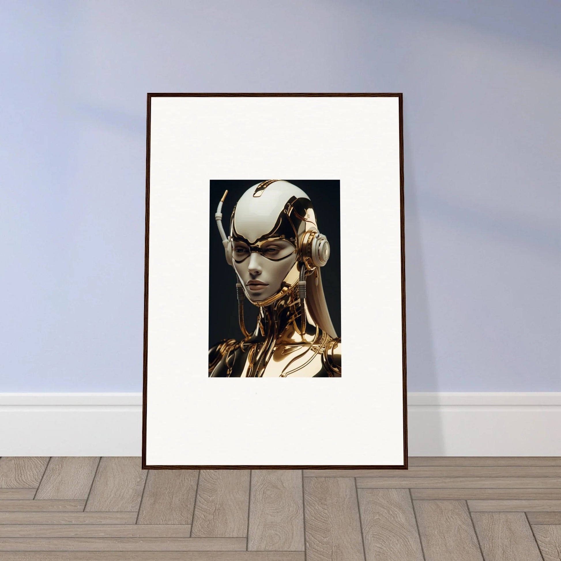 Futuristic robotic figure framed wall art for unique room decor in Aurora Botanical Sonata