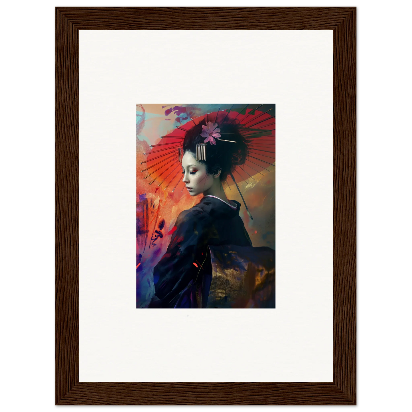 Framed wall art of a geisha figure in a silken realm for vibrant room decor