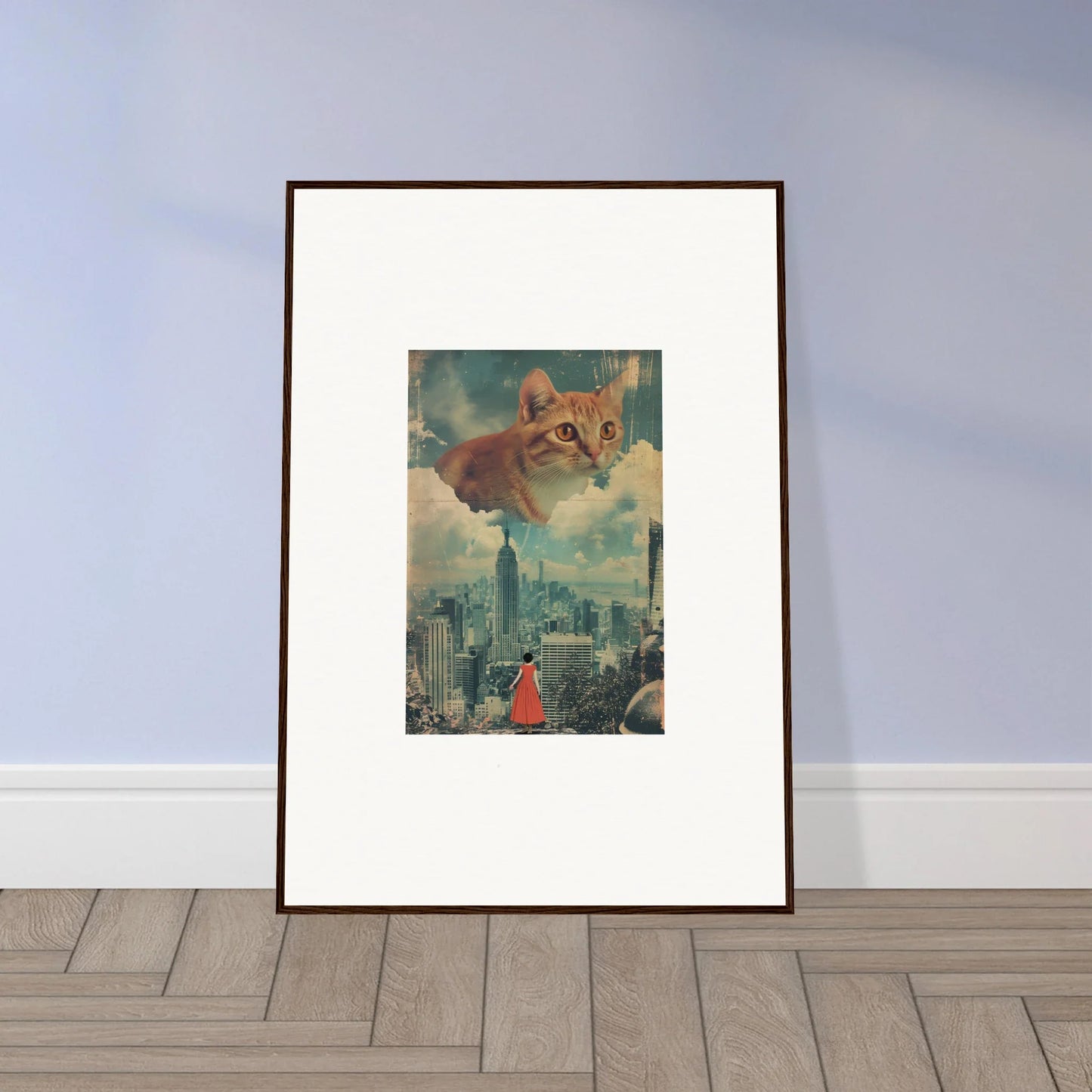 Framed wall art of a giant cat over cityscape, perfect for stylish room decor