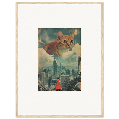 Framed wall art of giant cat’s face above cityscape for unique room decor and cloud ascent