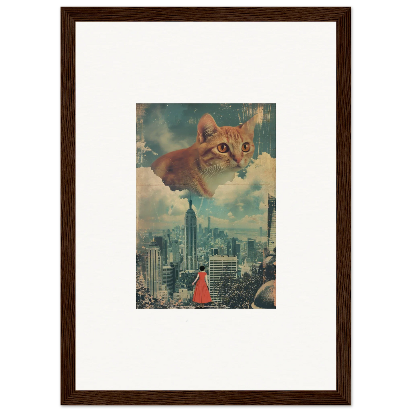 Framed wall art of a giant cat over a city, perfect for cloud ascent room decor