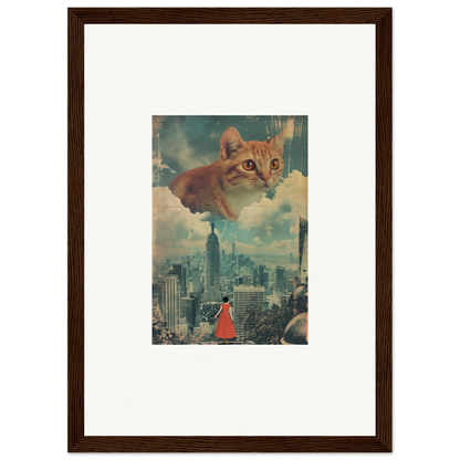 Framed wall art of a giant cat over a city, perfect for cloud ascent room decor