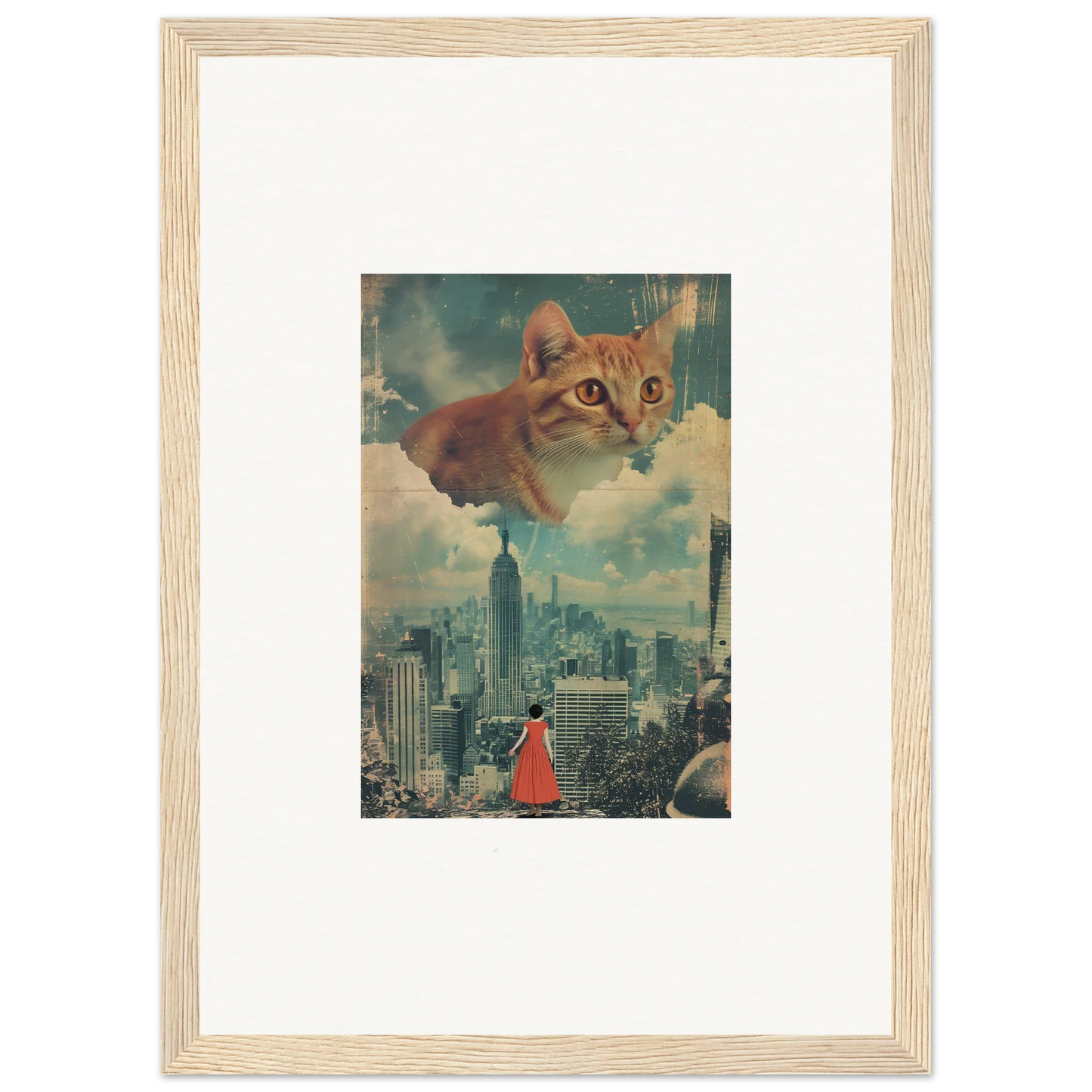 Framed wall art of a giant cat’s face over city skyline for unique room decor