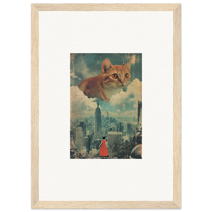 Framed wall art of a giant cat’s face over city skyline for unique room decor