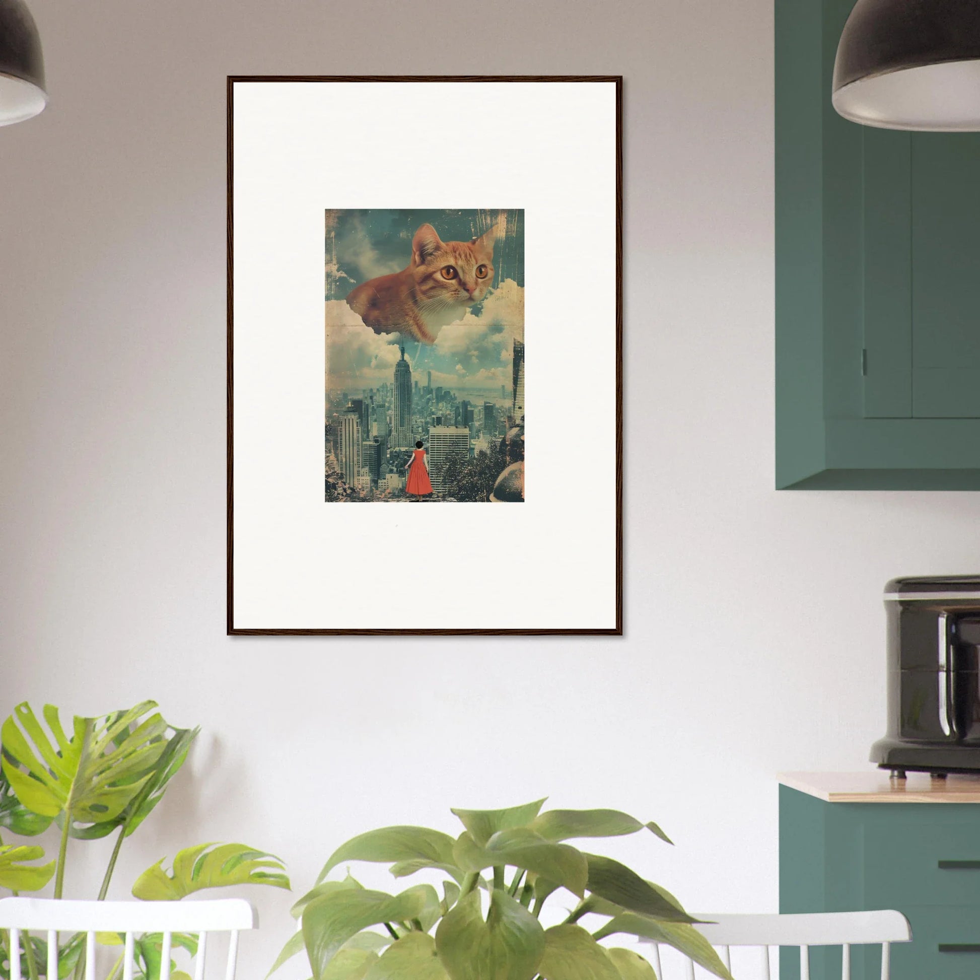 Framed wall art of a giant cat’s face over cityscape, perfect for cloud ascent room decor