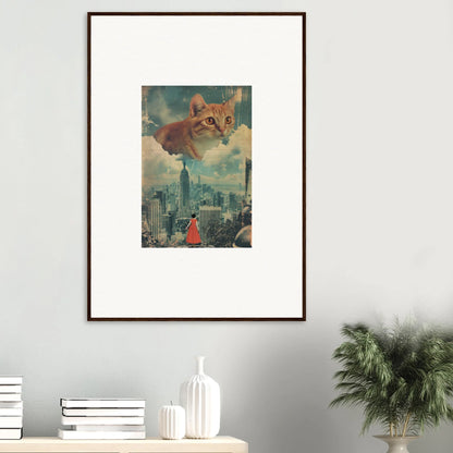 Framed wall art of a giant cat’s face over a cityscape for unique room decor