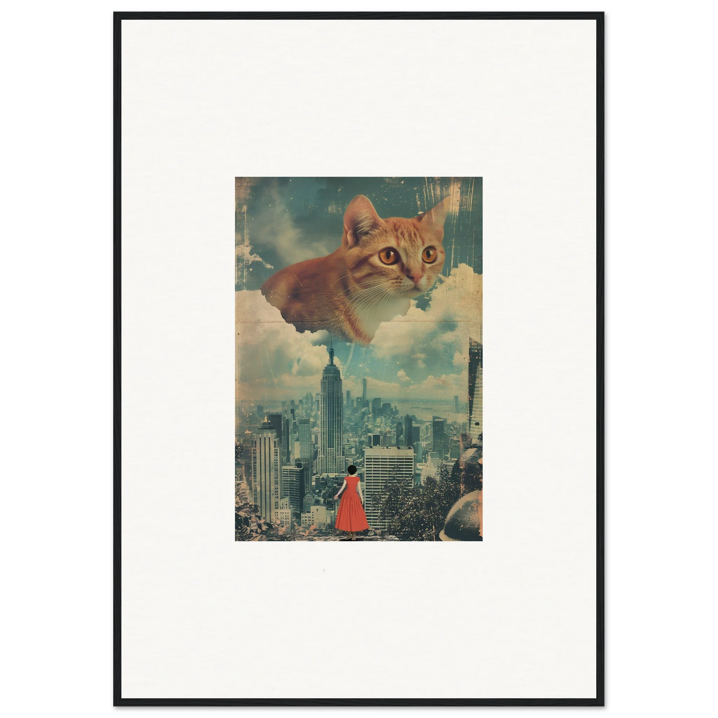 Framed wall art of a giant orange cat in cloud ascent over a city skyline for room decor