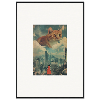 Framed wall art of a giant orange cat in cloud ascent over a city skyline for room decor