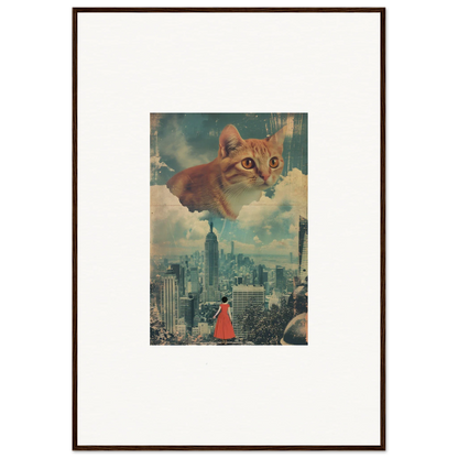 Framed wall art of giant orange cat in cloud ascent over city skyline and red figure