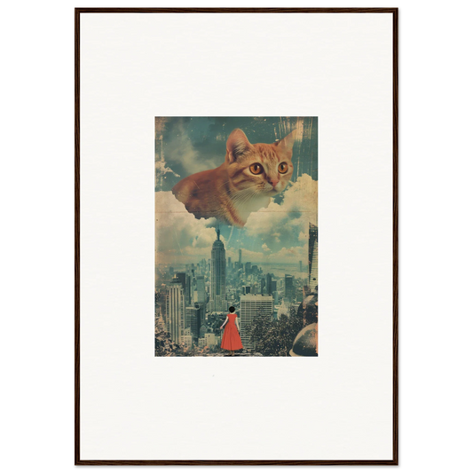 Framed wall art of giant orange cat in cloud ascent over city skyline and red figure