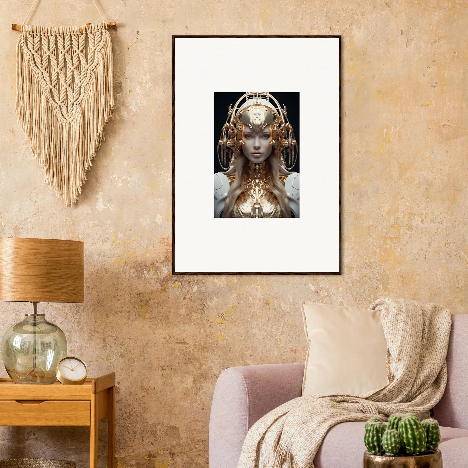 Framed wall art of a golden female figure, perfect for mind reverie room decor