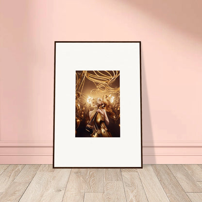 Framed wall art of Golden Harmony Enigma featuring an ethereal figure and swirling lights