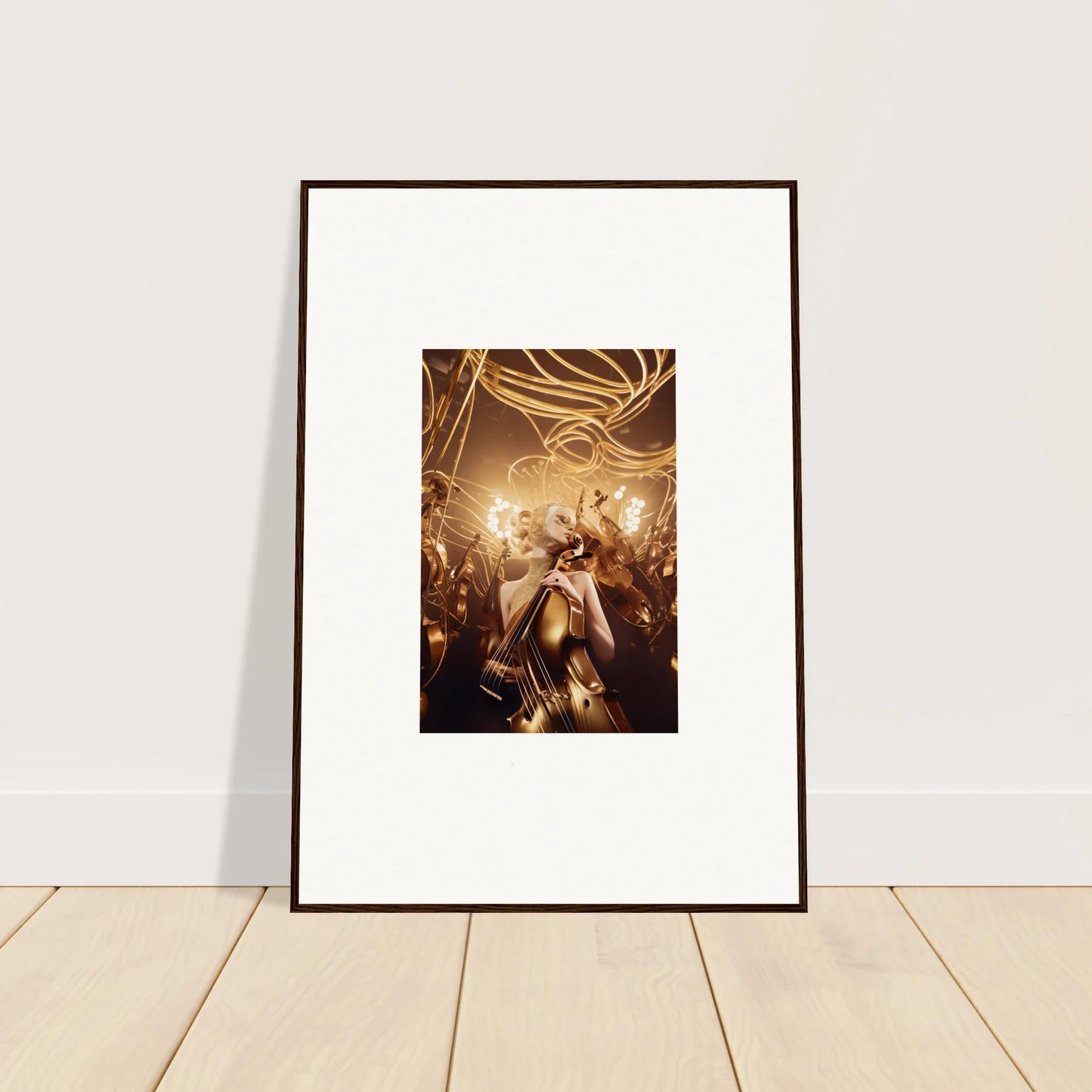 Framed wall art displaying Golden Harmony Enigma with a golden figure in light