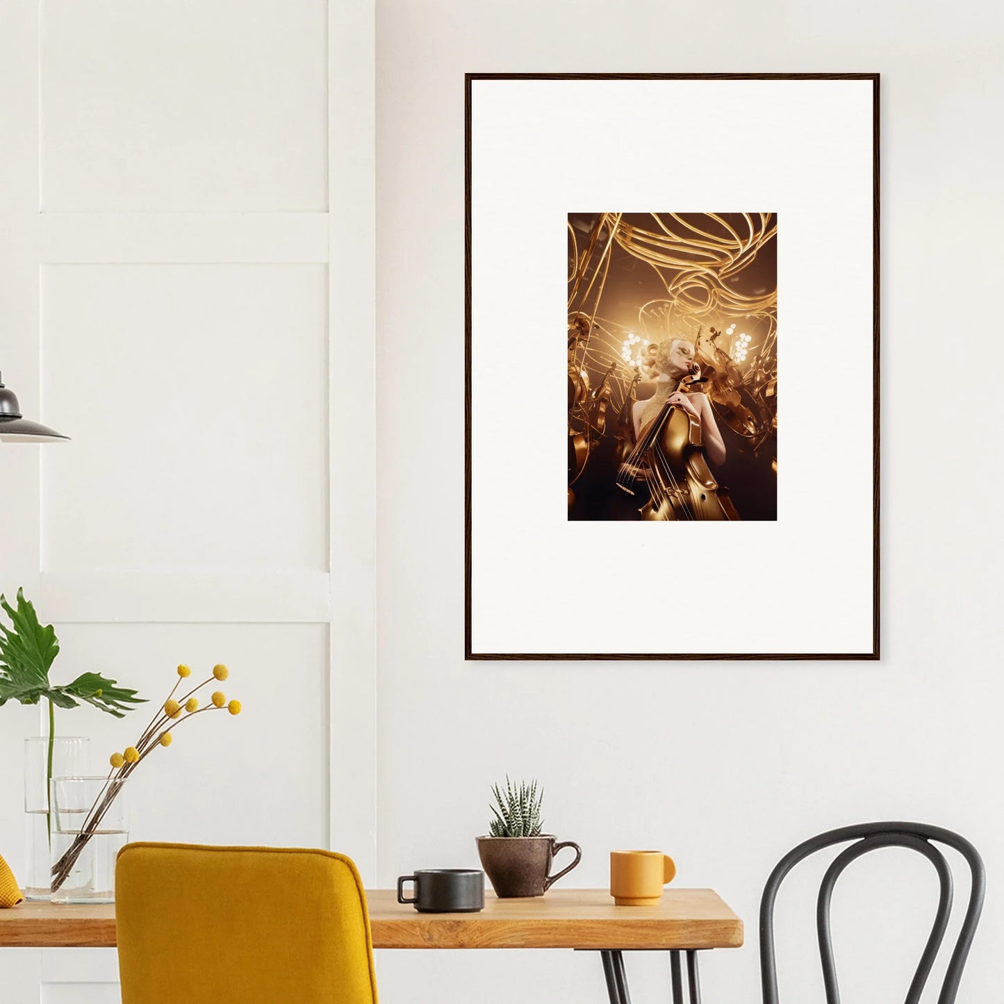 Framed wall art of a golden concert scene, enhancing your room decor with Harmony Enigma