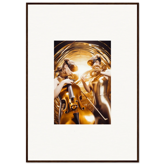 Framed wall art of golden figures with instruments in Cosmic Etudes design for room decor