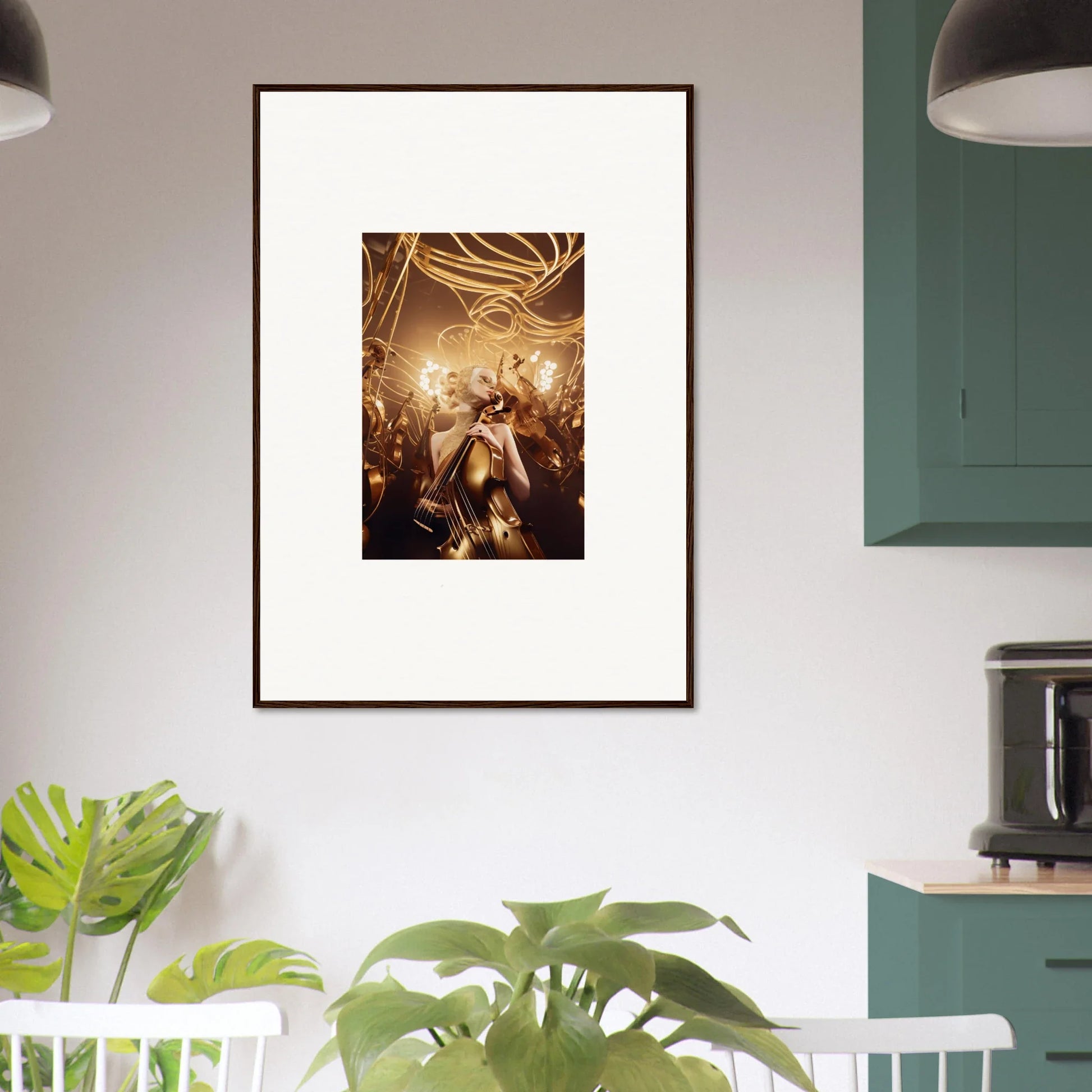 Framed wall art featuring Golden Harmony Enigma with a golden figure and swirling lights