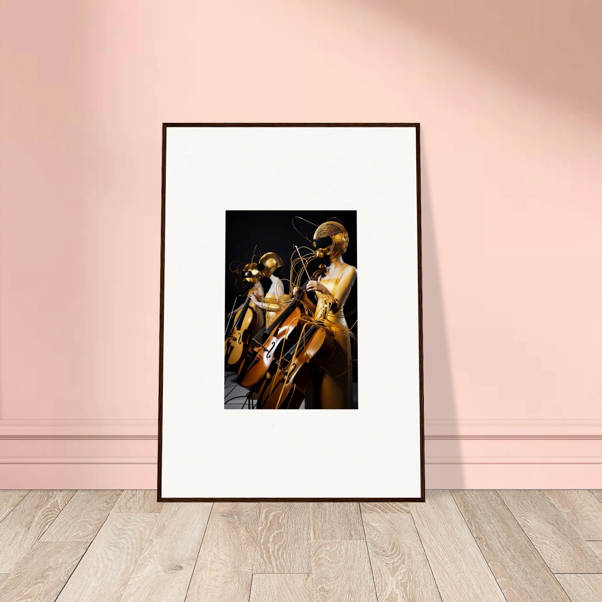 Framed wall art of golden robotic figures playing instruments in Amber Crescendo room decor