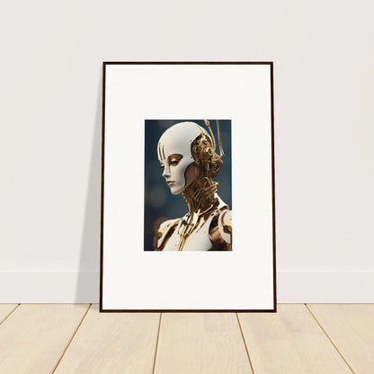 Framed wall art of a humanoid robot with mechanical components for whiskey obedient room decor