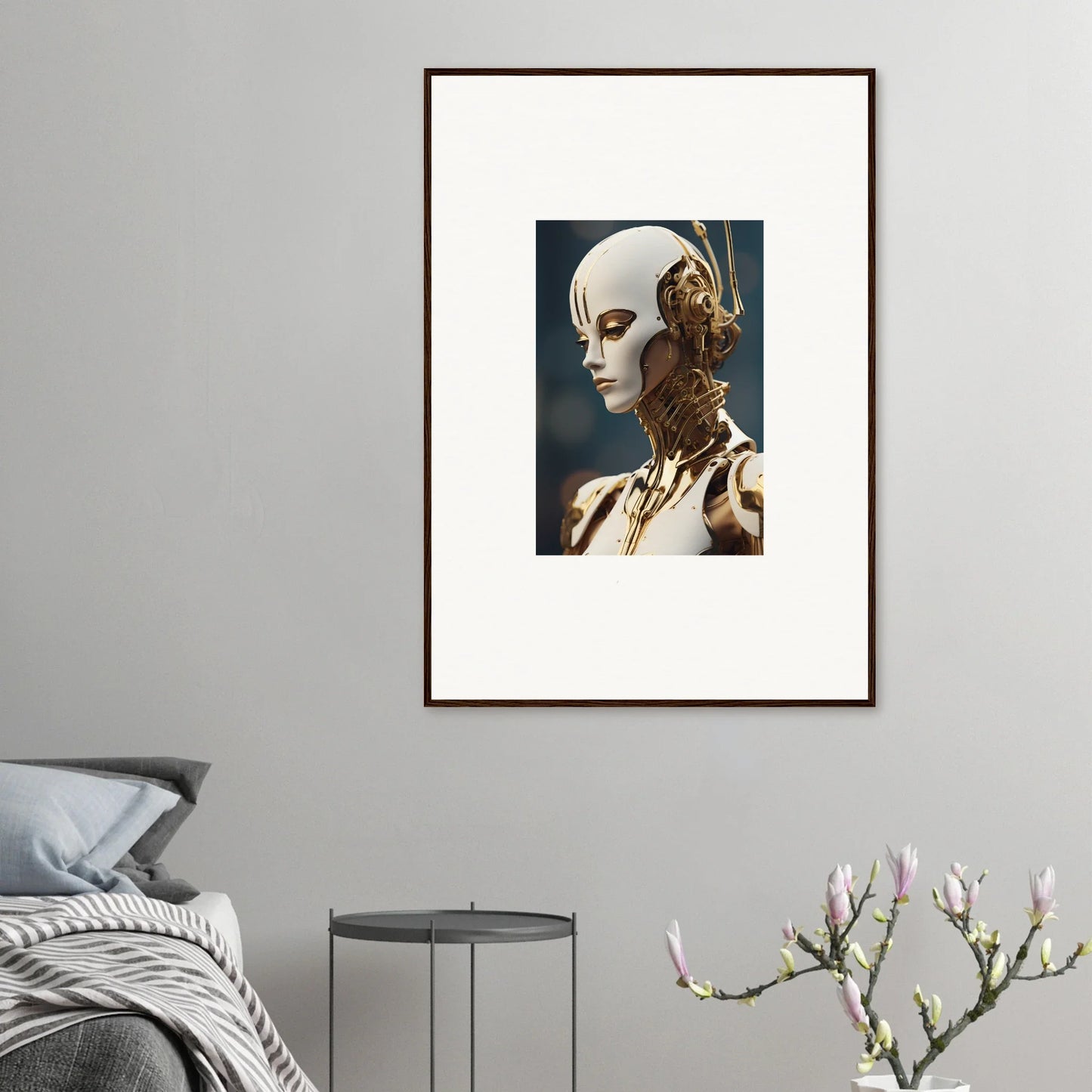 Framed wall art of a humanoid robot, perfect for whiskey obedient room decor