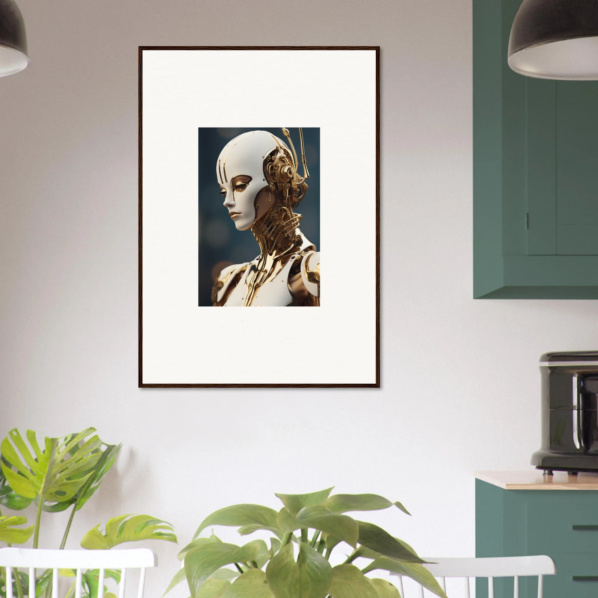 Framed wall art of a humanoid robot for unique room decor, Electric Whiskey Obedient