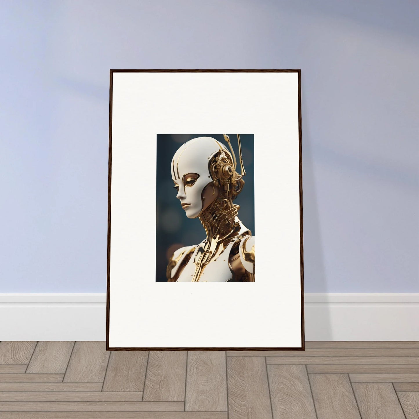 Framed wall art of a humanoid robot for unique whiskey obedient room decor