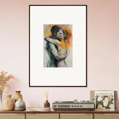 Framed wall art of intimate embrace on orange background for morning dichotomy room decor