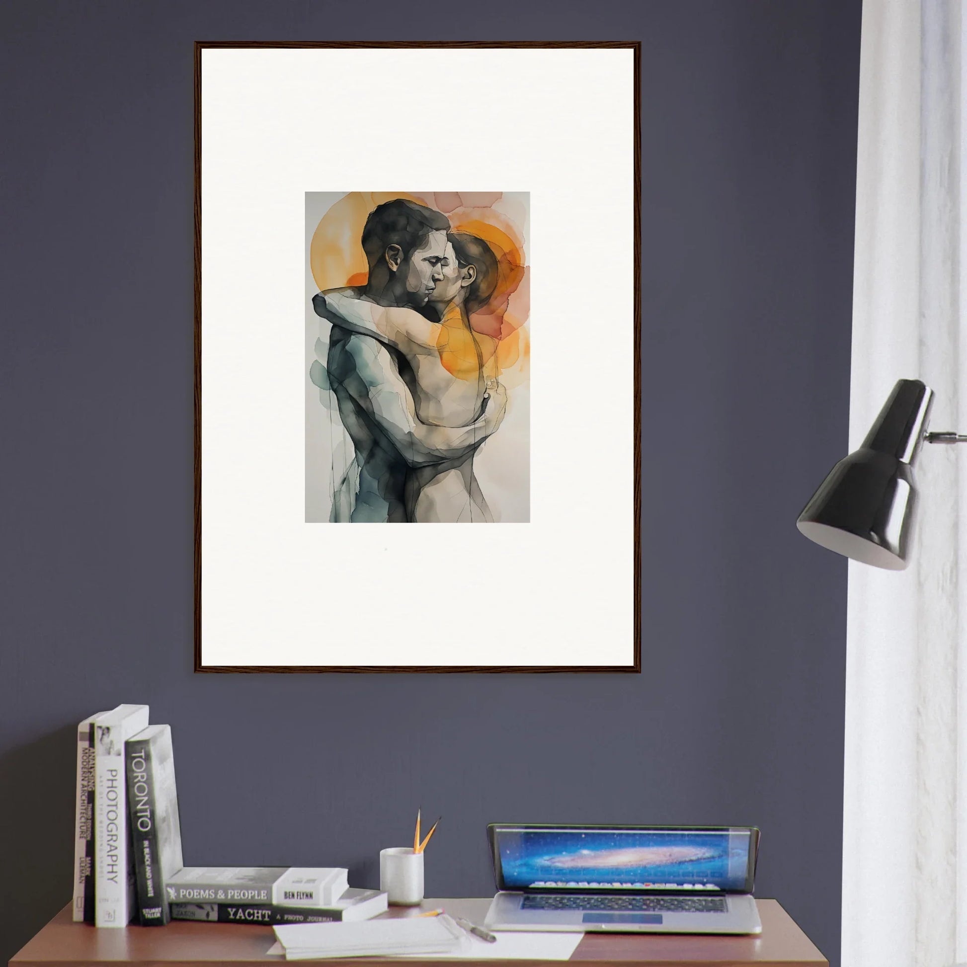 Framed wall art of two figures embracing, ideal for morning dichotomy room decor