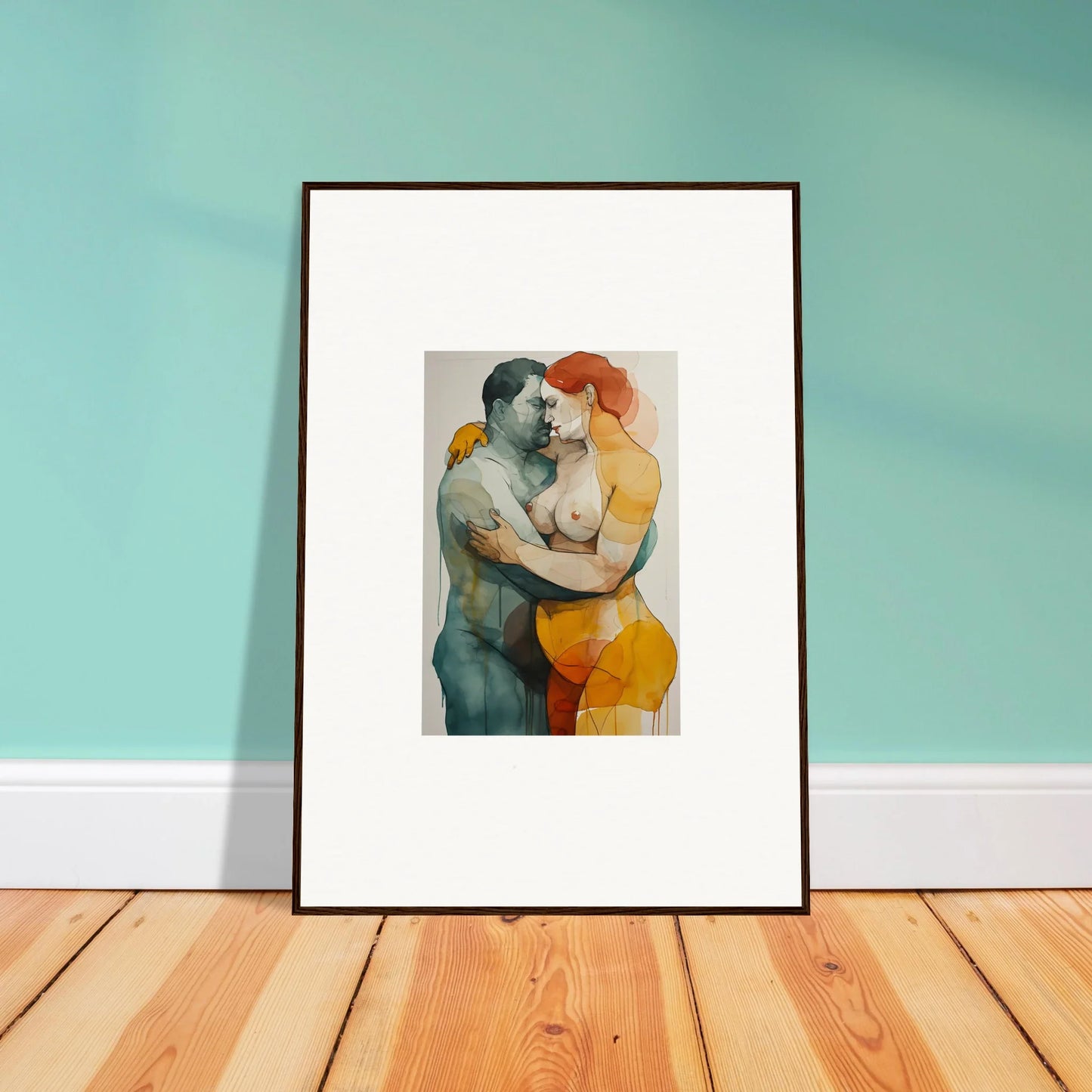 Framed wall art of Patina Embrace featuring abstract figures in blue and orange hues