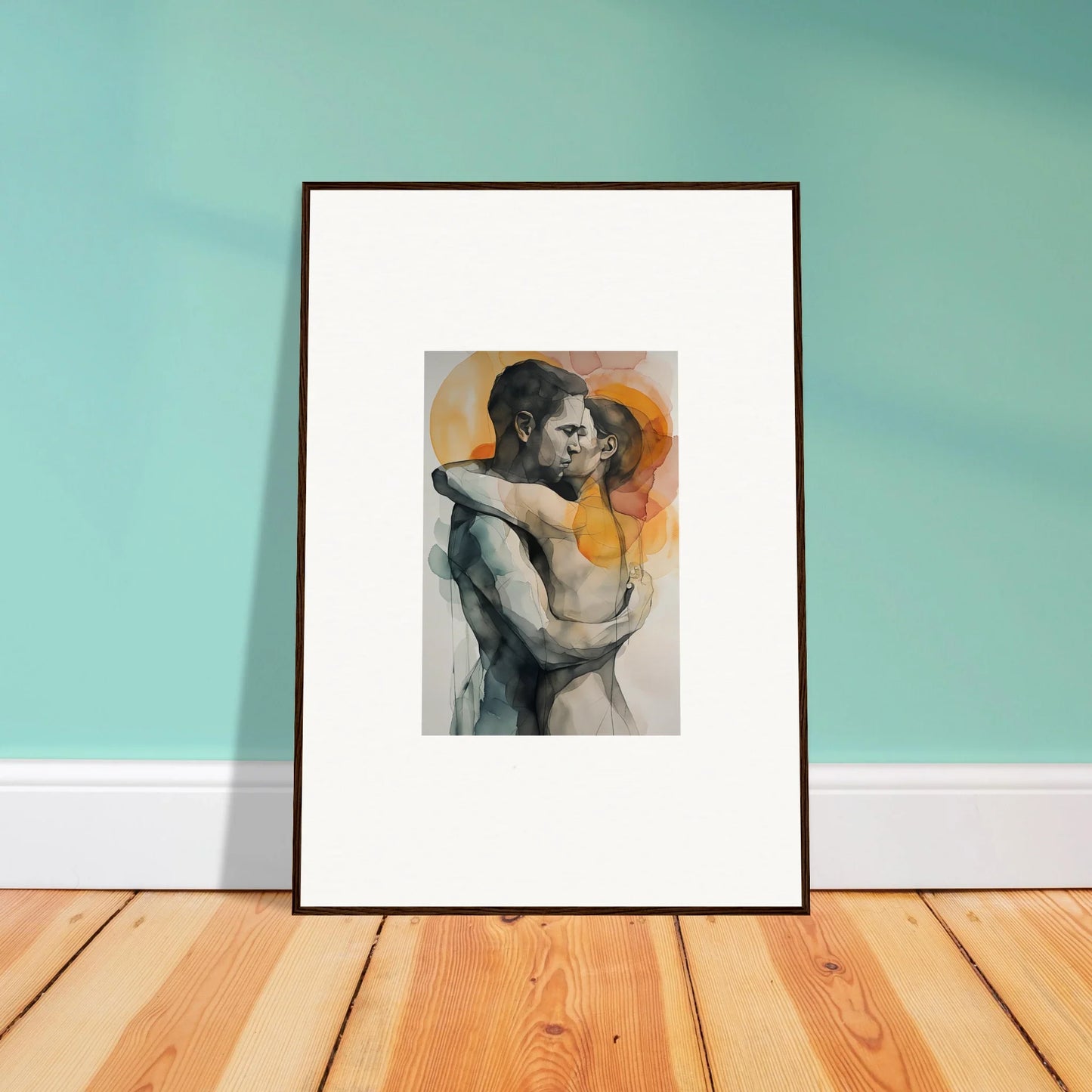 Framed wall art of an intimate embrace for warm-toned room decor, Wednesday Morning Dichotomy