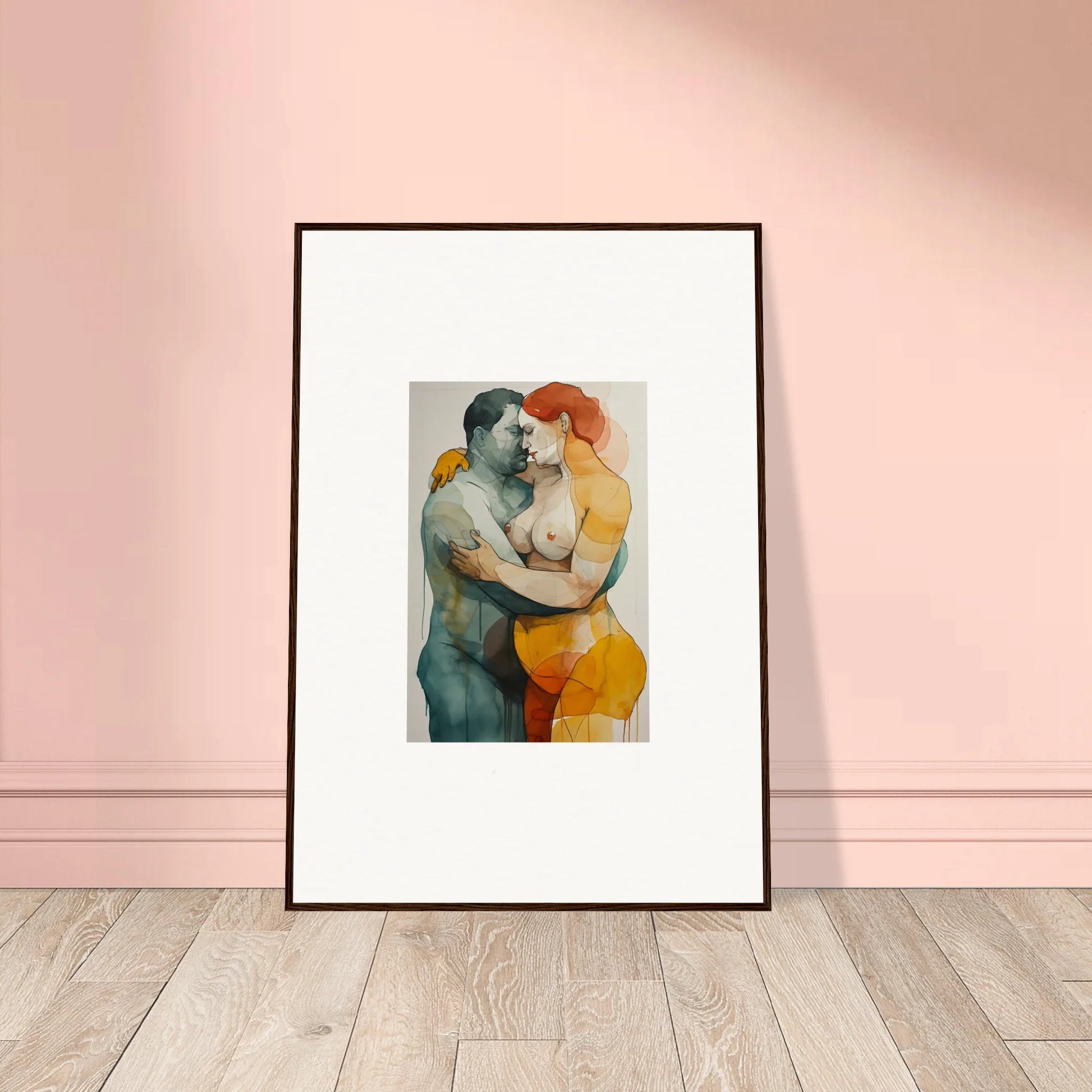 Framed wall art of Patina Embrace showcasing an intimate embrace in contrasting colors