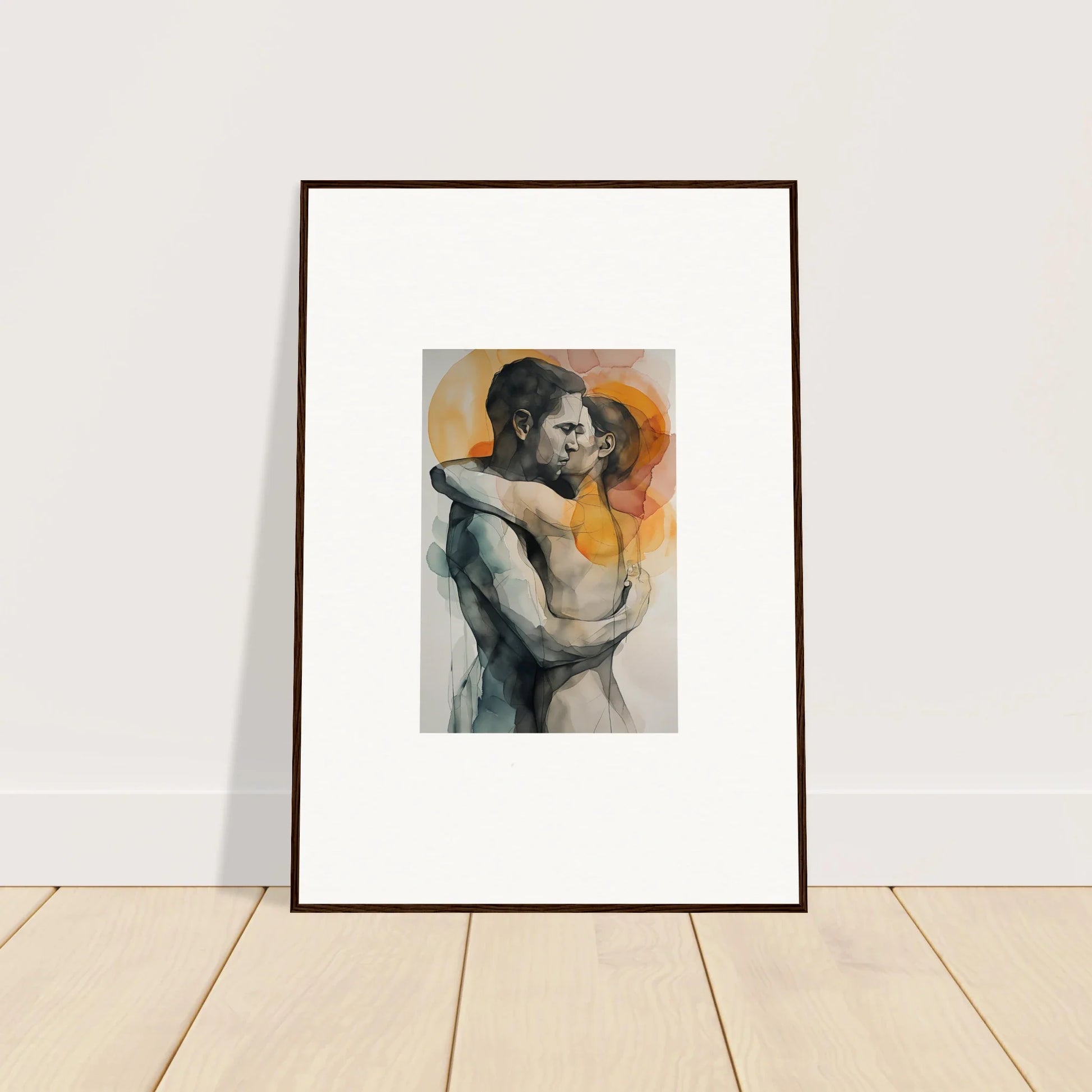 Framed wall art of intimate embrace in warm hues for stylish room decor morning dichotomy