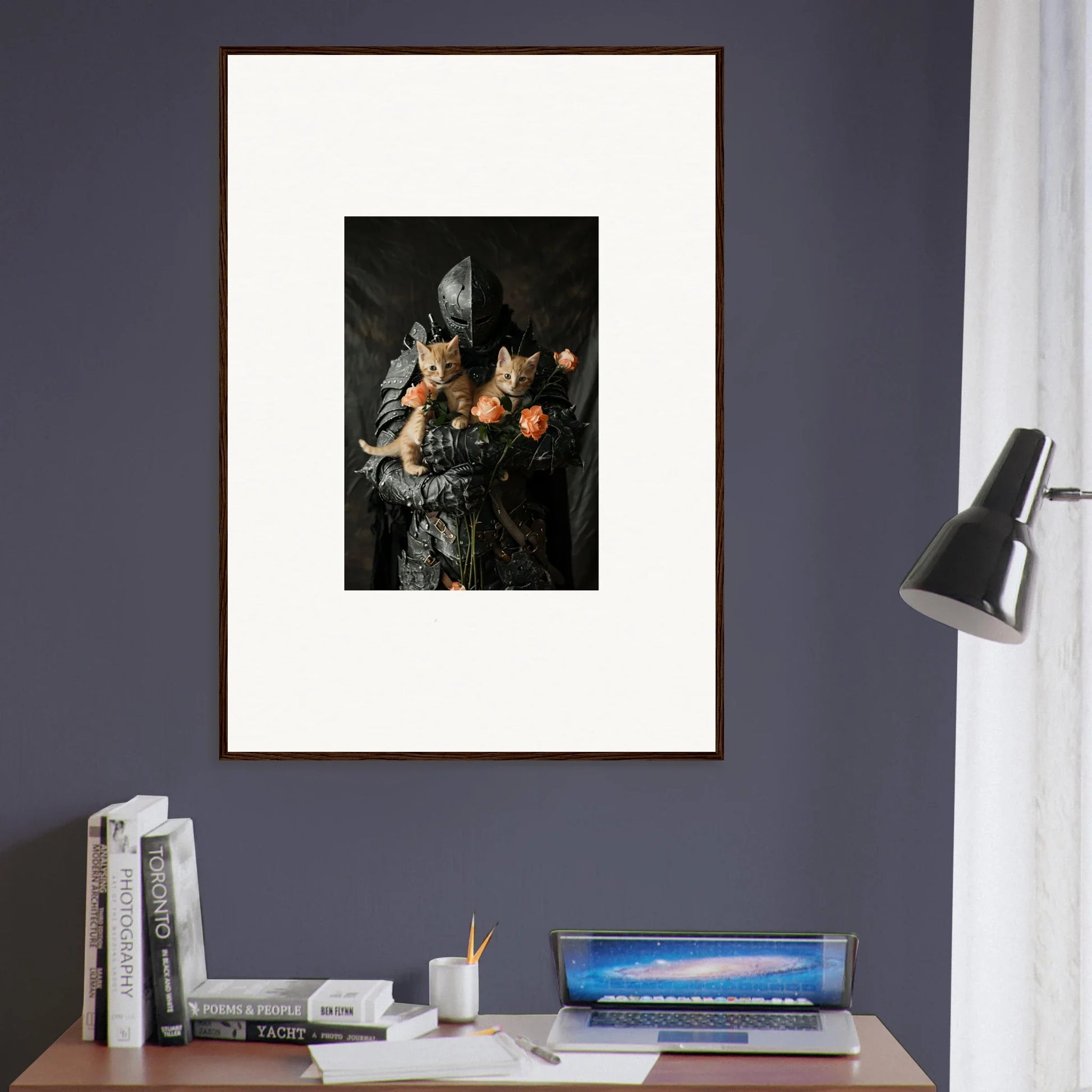 Framed wall art of dark still life flowers and figures for elegant room decor