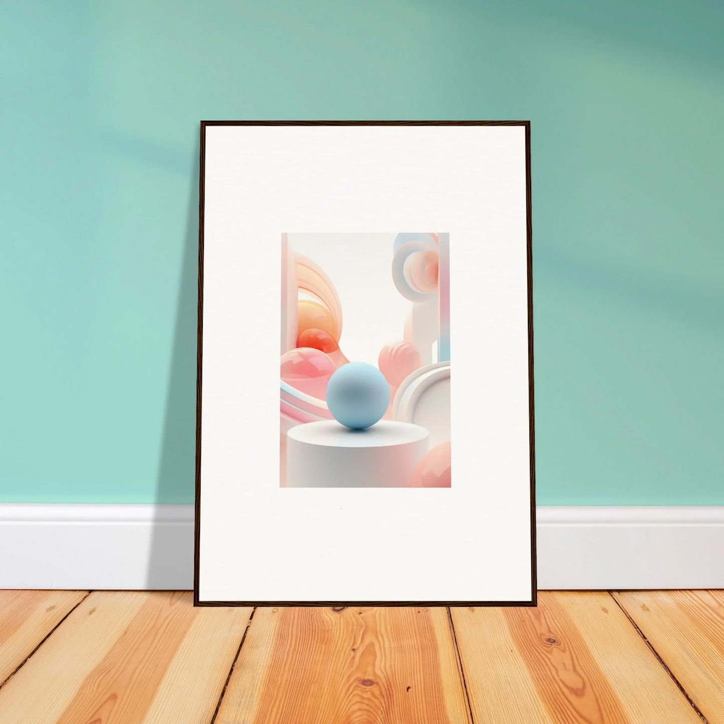 Framed wall art of a light blue sphere on a soft pink background for cosmic timeless room decor