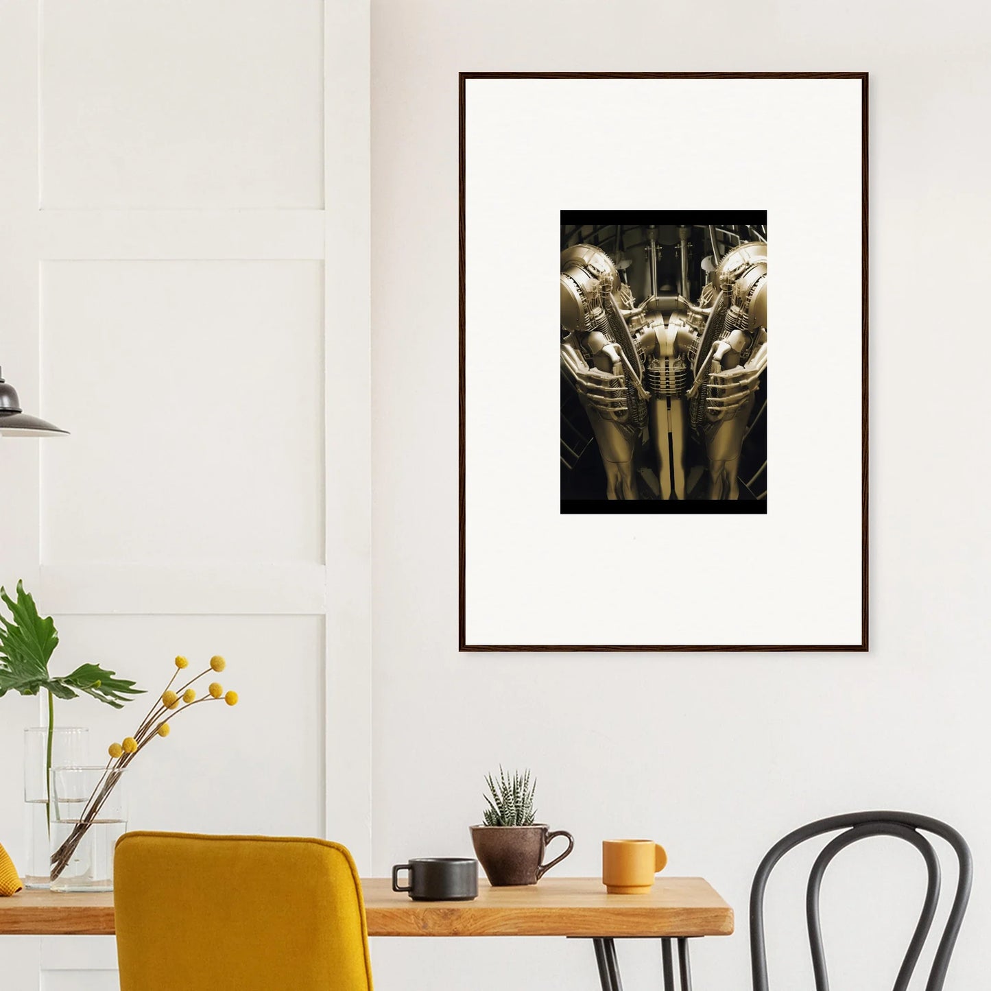 Framed wall art featuring metallic biomechanical forms inspired by H.R. Giger for dreams ballet room decor