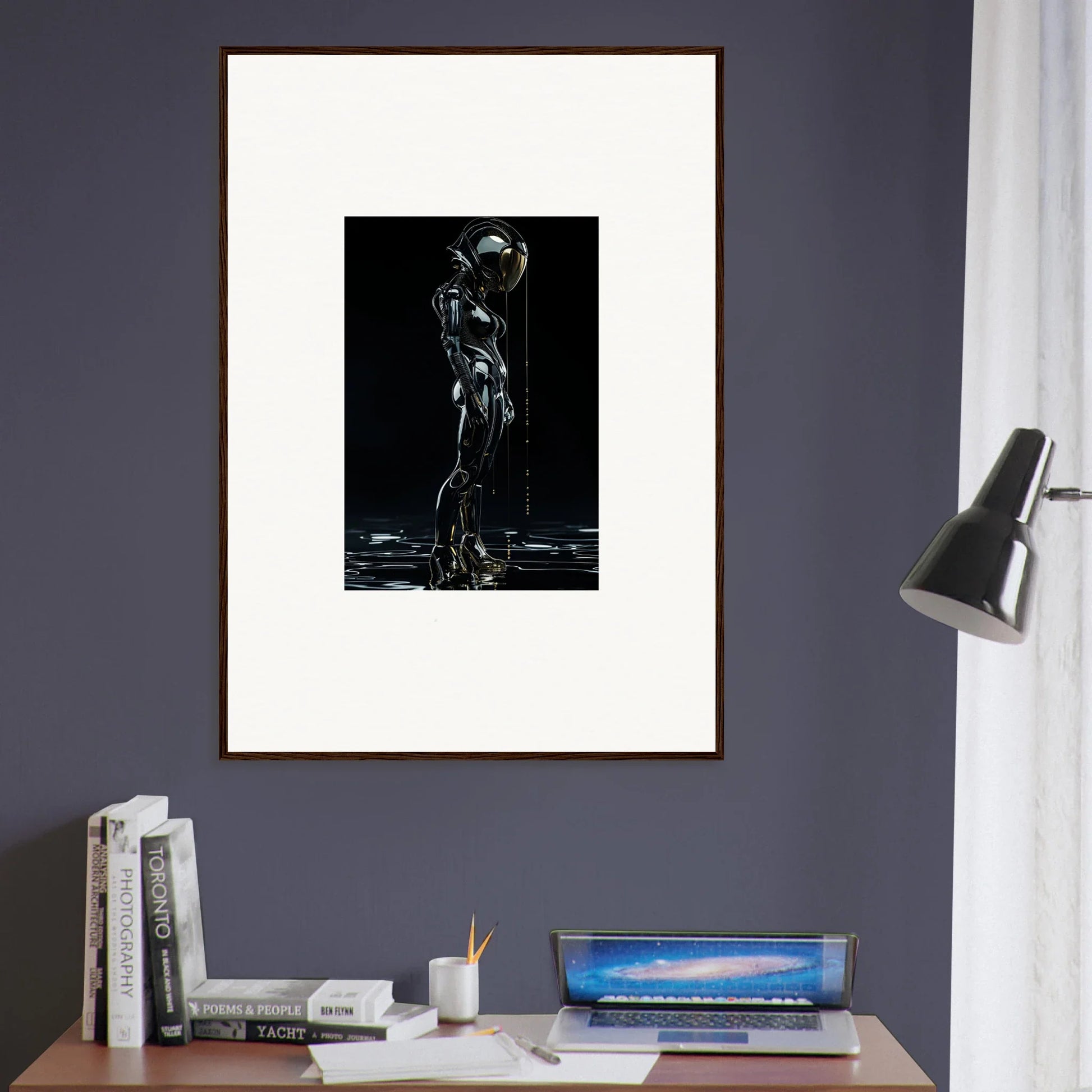 Framed wall art featuring a metallic humanoid figure in dark for unique room decor