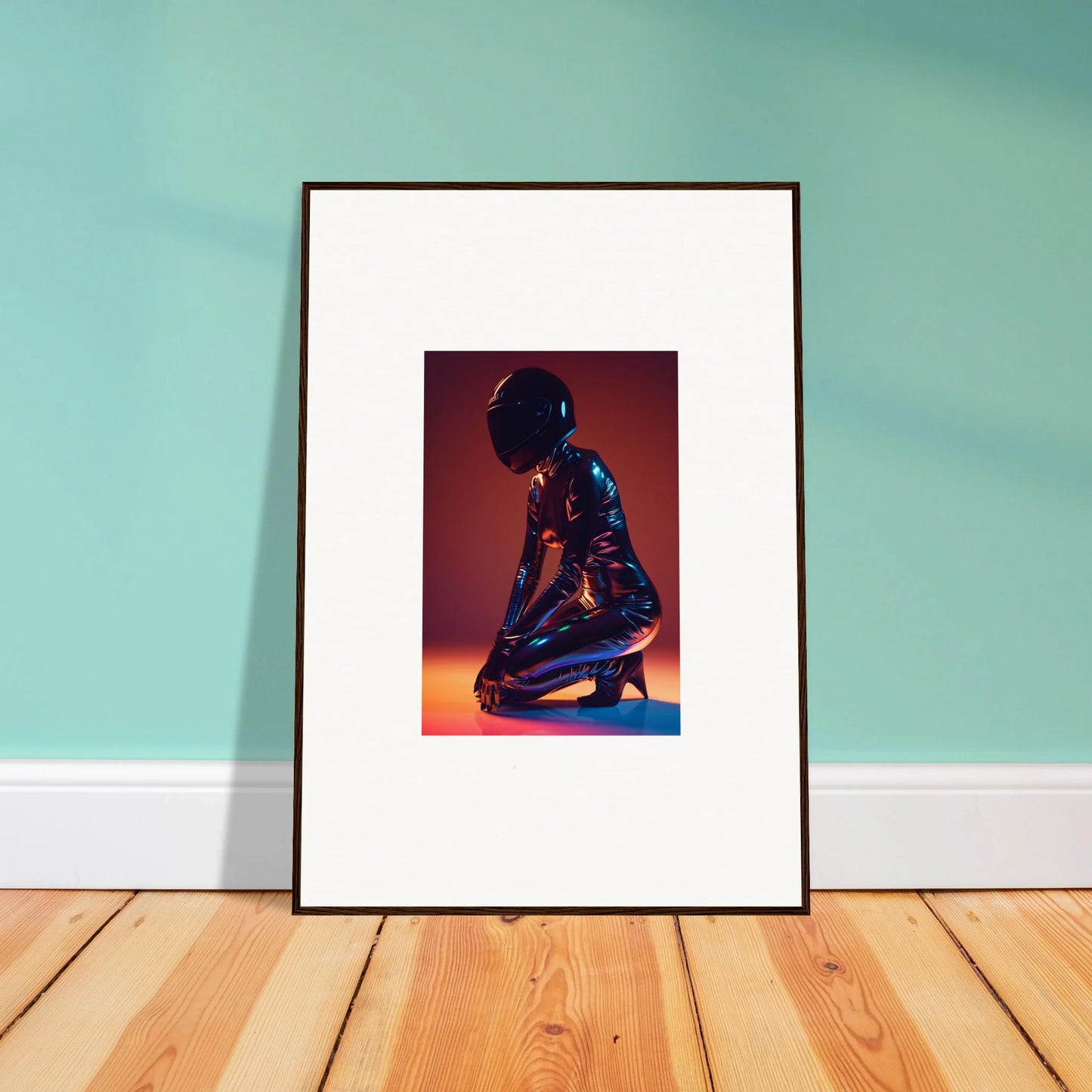 Framed wall art of a metallic humanoid figure for unique night oracle room decor