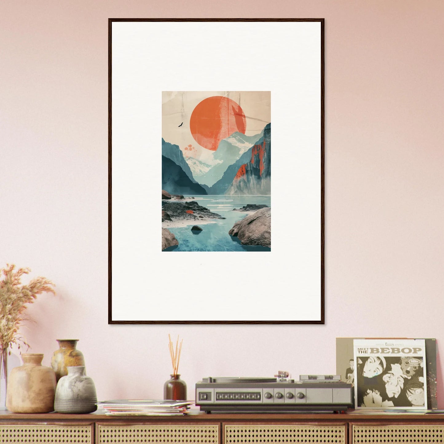 Framed wall art featuring sun echoes over mountains and water in minimalist landscape