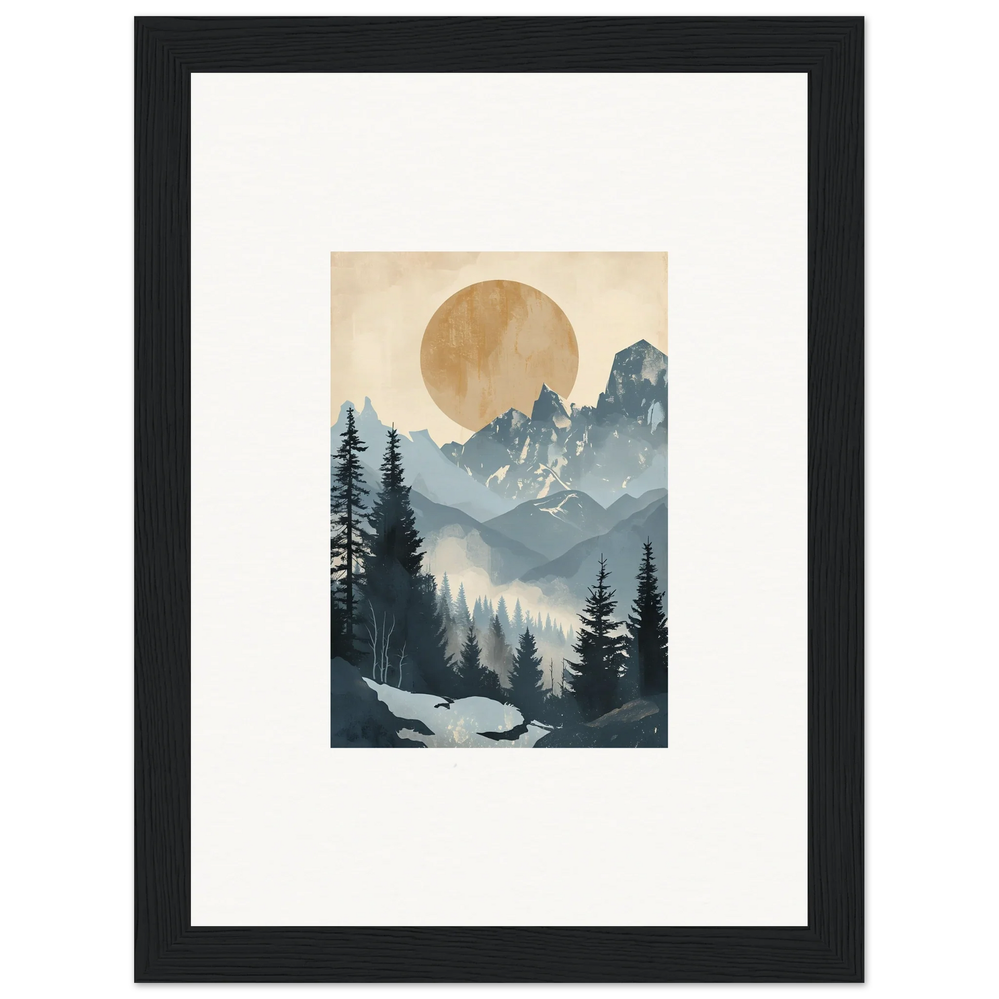 Framed wall art of a misty mountain landscape for Alpine Serenade room decor