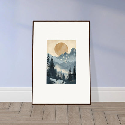 Framed wall art of misty mountains and pine trees for serene alpine serenade room decor