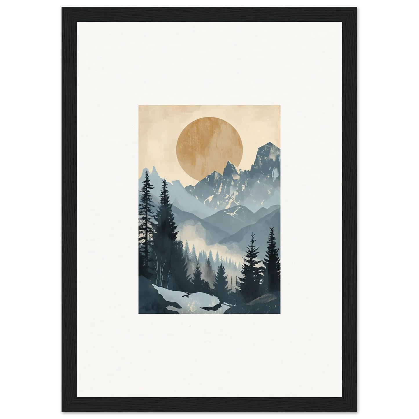 Framed wall art of an alpine serenade with a sunlit mountainous forest landscape