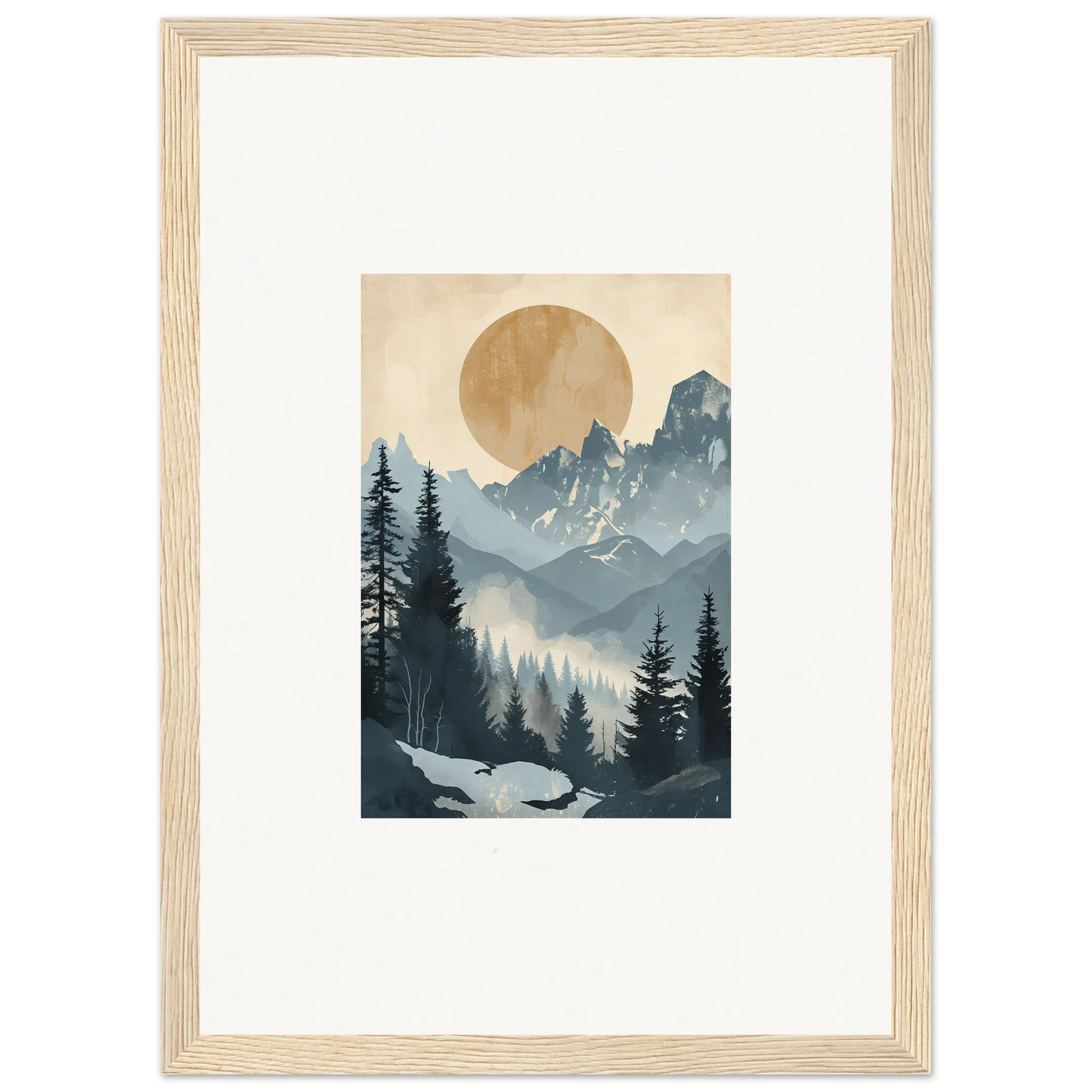 Framed wall art of an alpine serenade featuring a mountainous forest landscape