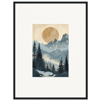 Framed wall art of an alpine serenade with mountains, sun, and evergreen forest