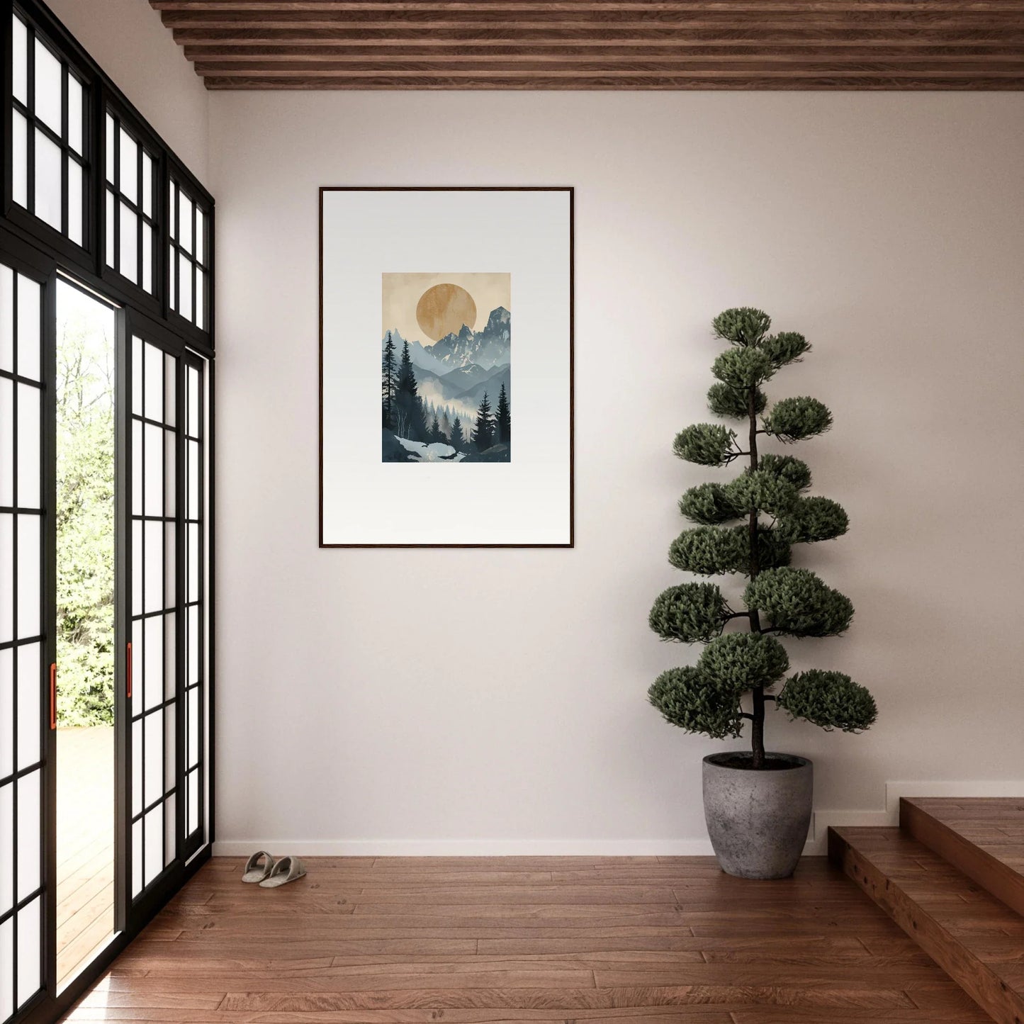 Framed wall art of an alpine serenade with a mountain landscape and sun