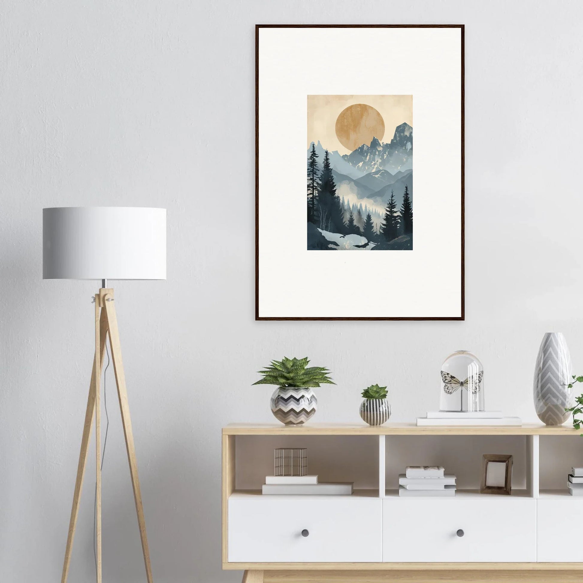 Framed wall art of an Alpine Serenade with mountains, trees, and a golden sun