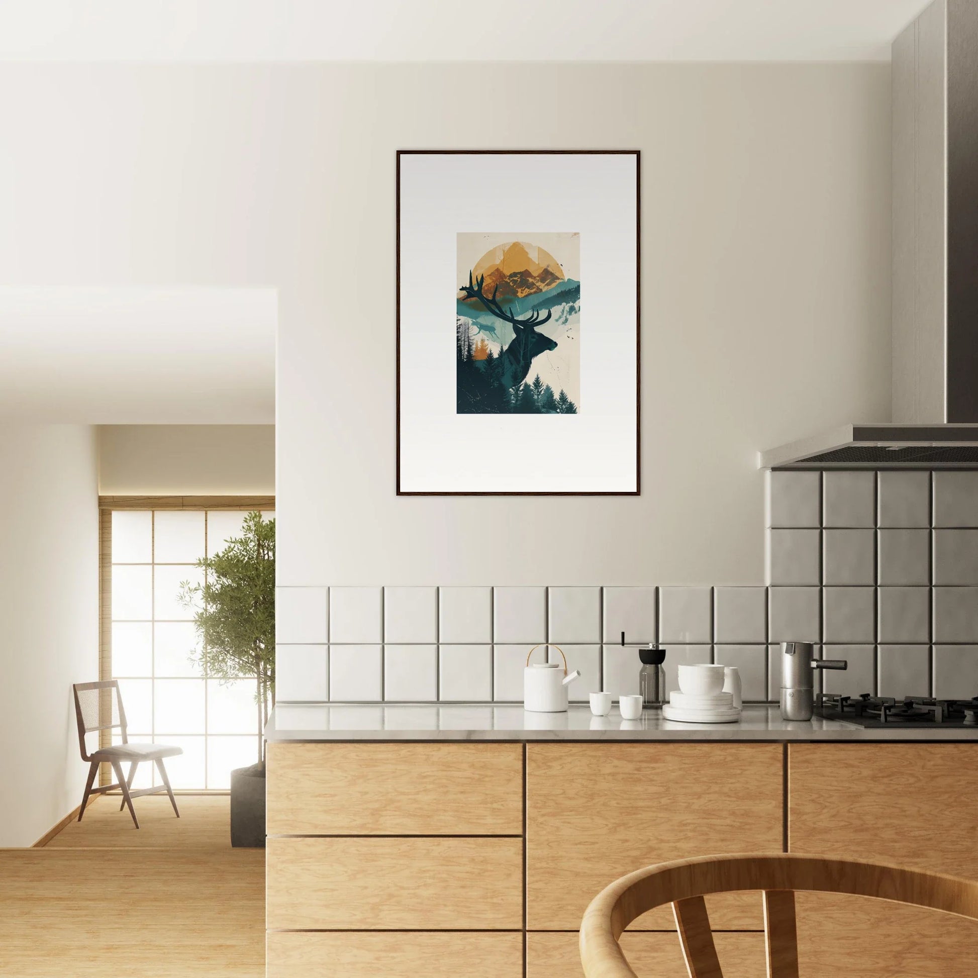 Framed wall art of a mountainous landscape at sunset, perfect for reflection solace room decor